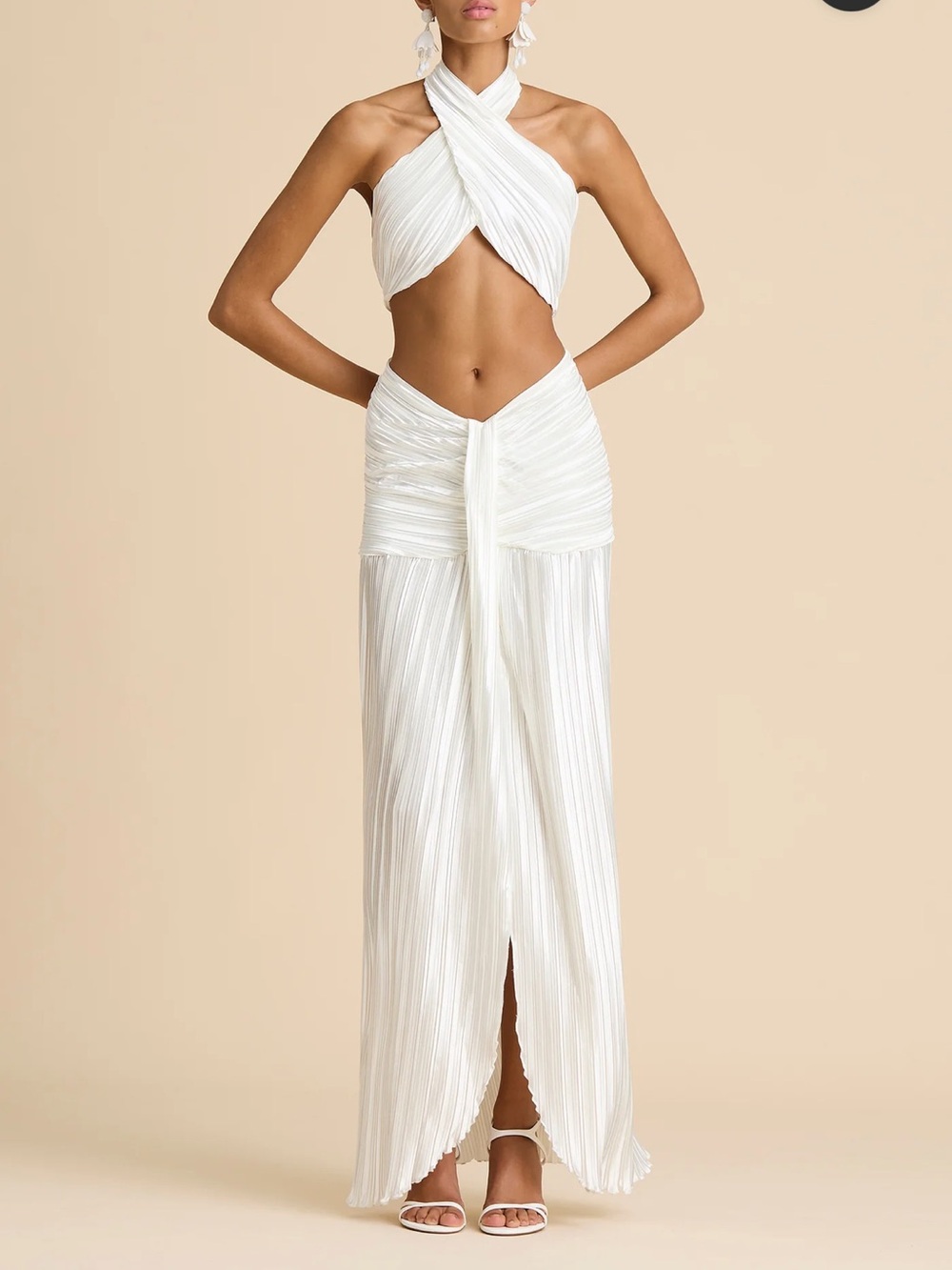 Sonya Moda White Pleated Set- halter maxi skirt